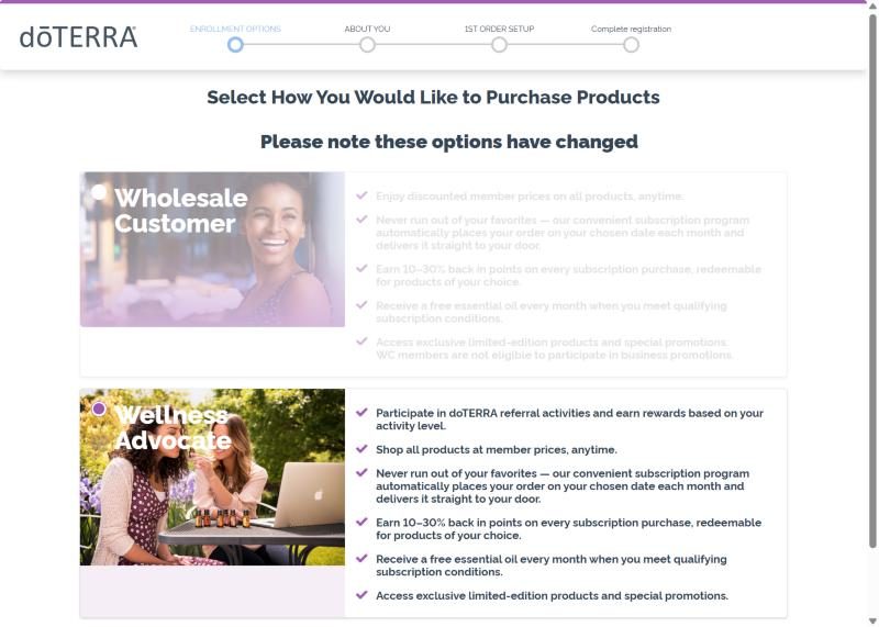 Opzioni di iscrizione con Wellness Advocate preselezionato