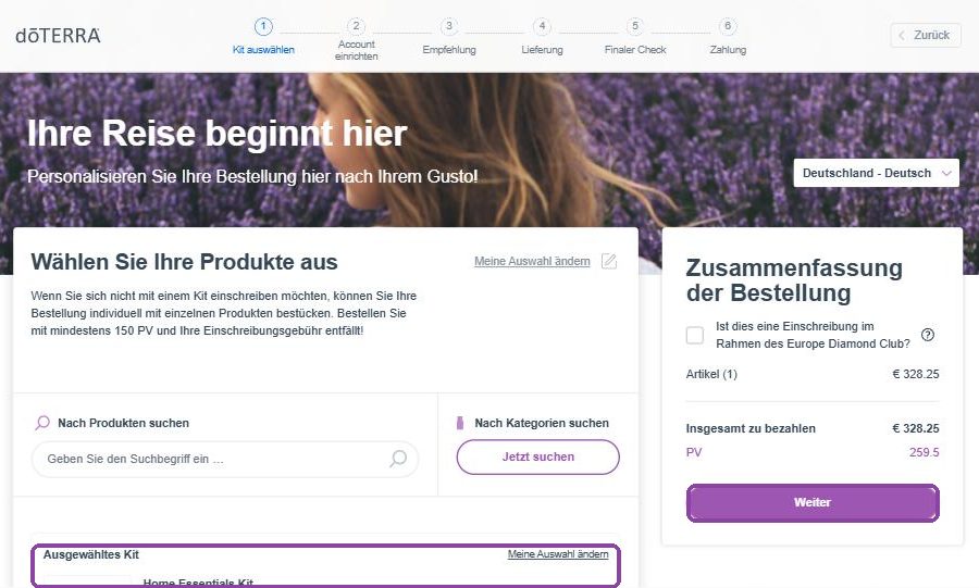 Pagina de alegere a kitului, cu sumarul comenzii și butonul de continuare
