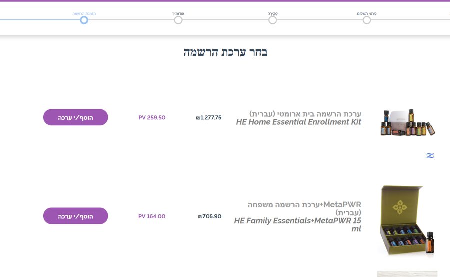 בחירת ערכת הרשמה בטופס הישראלי: ערכת בית ארומטי ₪1,277.75 וערכת משפחה + MetaPWR ₪705.90