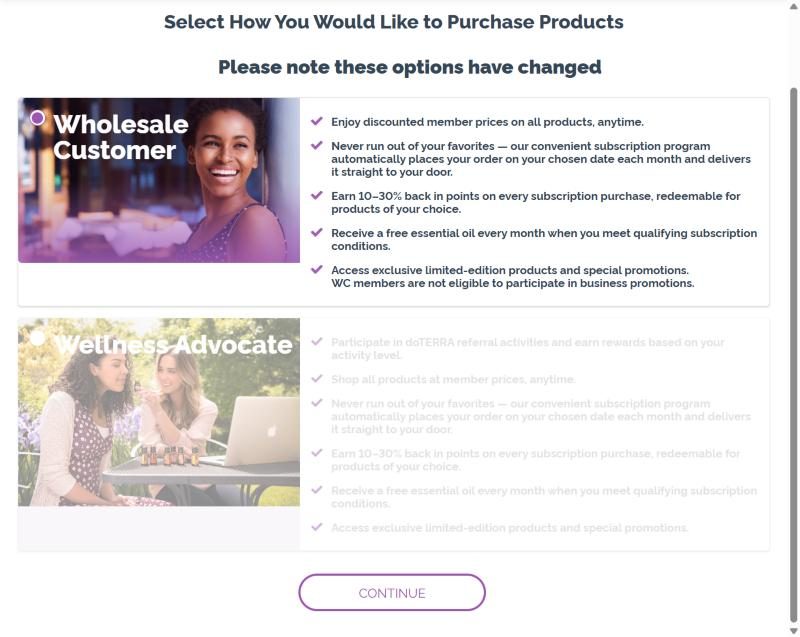 Opzioni di iscrizione: Wholesale Customer e Wellness Advocate