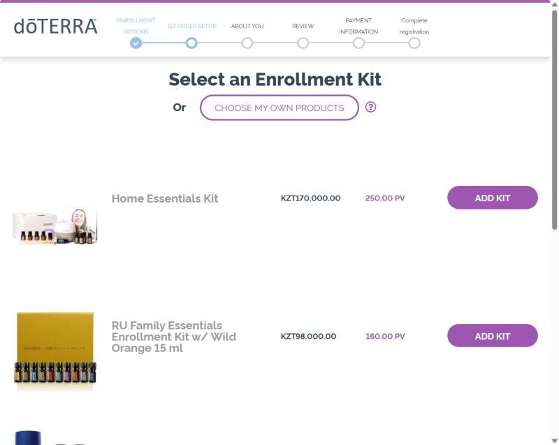 Elenco dei kit di iscrizione con prezzi e pulsanti Add Kit