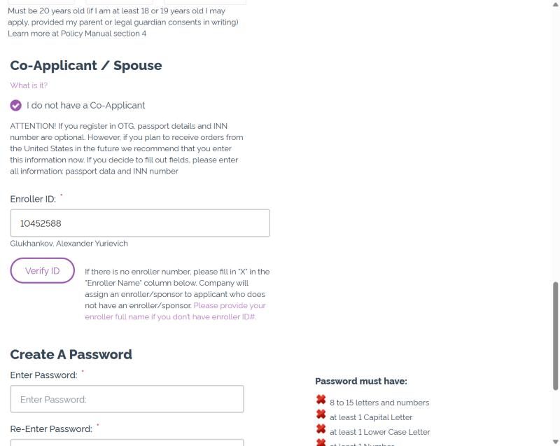 Campo Enroller ID con 10452588 e sezione Create a Password