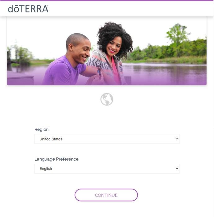 dōTERRA enrollment form: Region and Language Preference fields with a Continue button