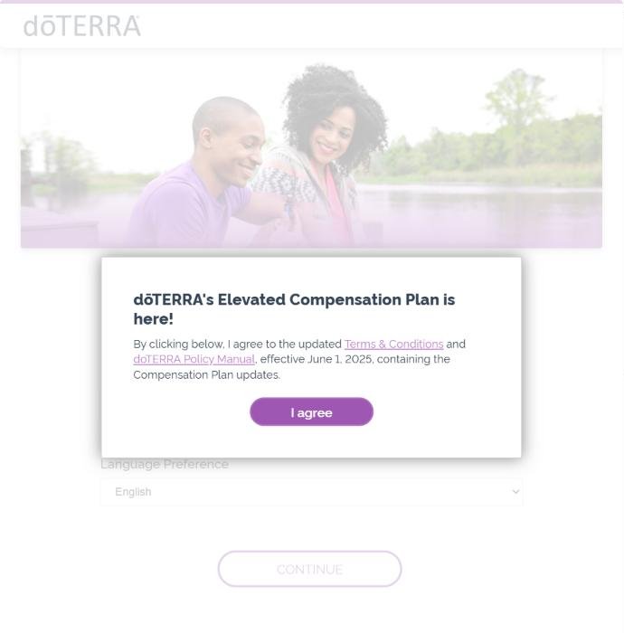 Pop-up with the I agree button for dōTERRA's terms and conditions