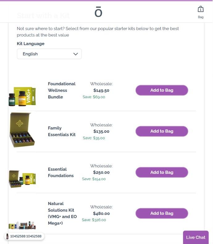List of starter kits with wholesale prices and Add to Bag buttons